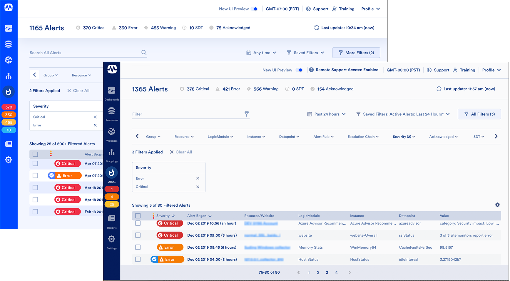 Alerts page with different severity of alerts