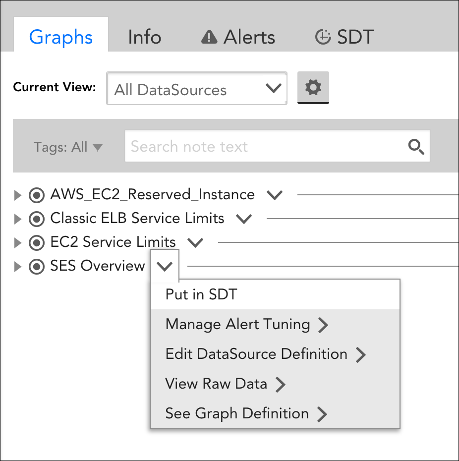 From the All DataSources dashboard, click the drop-down arrow located to the right of a DataSource or instance to perform one of several functions