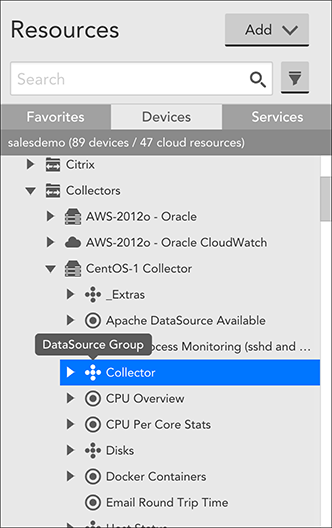 Verify Collector DataSources have been applied to the Collector device by expanding the device in the Resources tree and looking for the "Collector" DataSource group