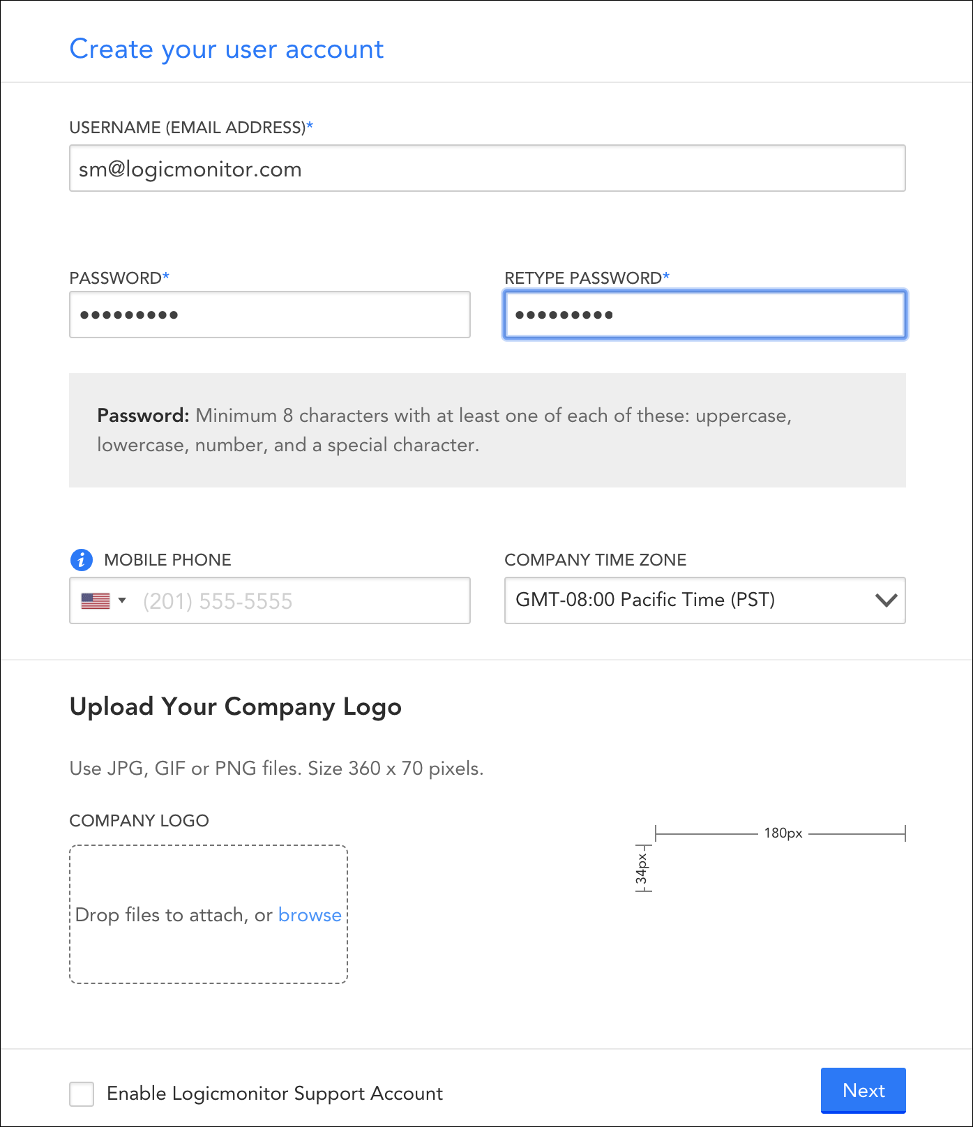 Create your user account dialog