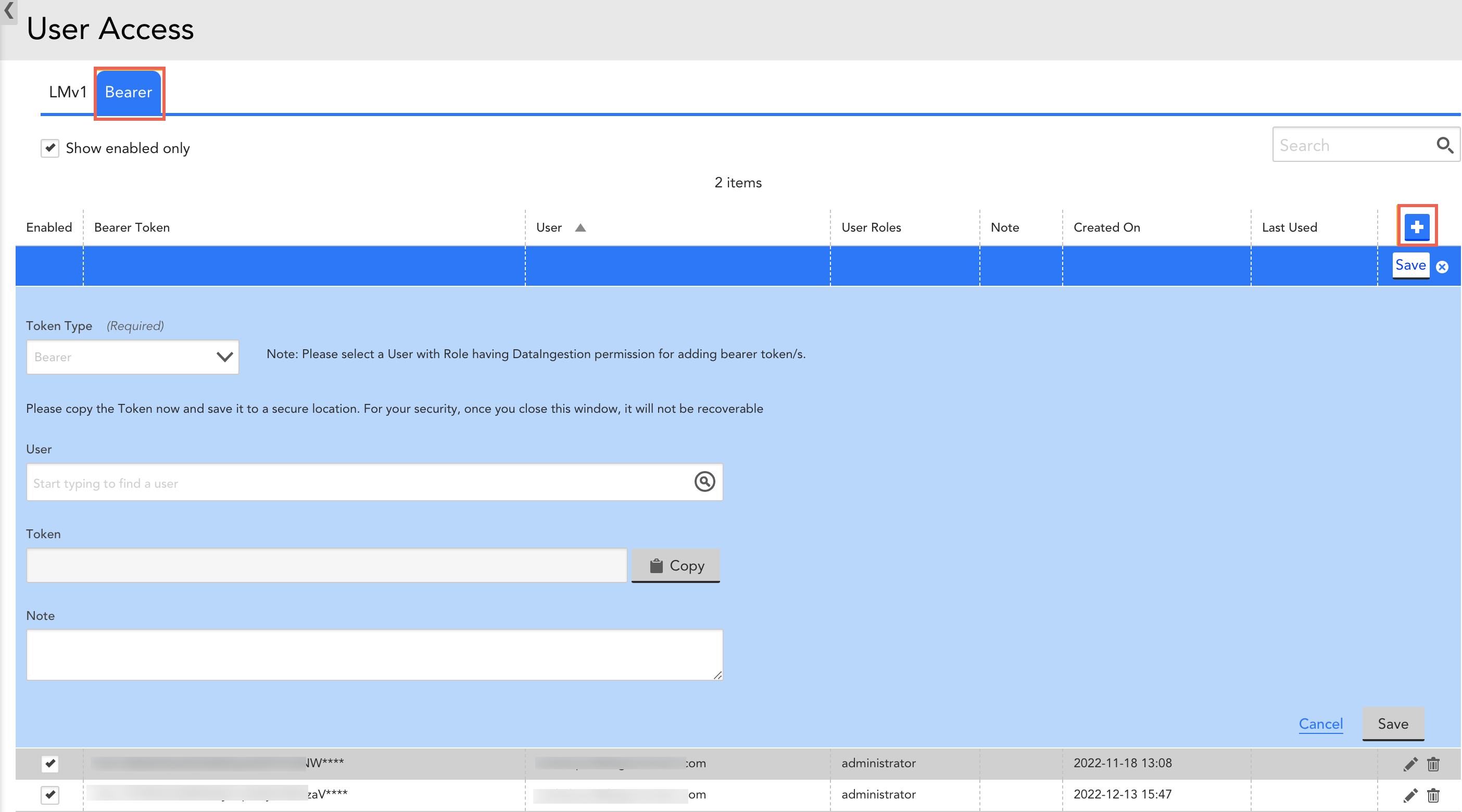 Create bearer token page