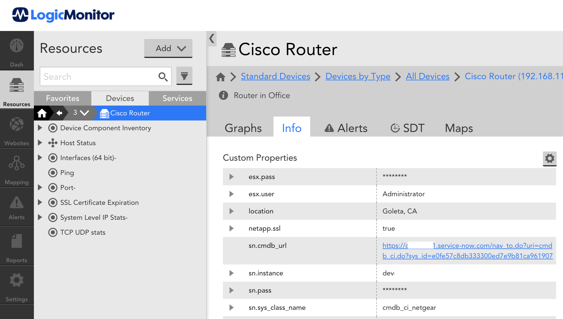 LogicMontior writes a direct URL to the ServiceNow CI on the sn.cmdb_url property.