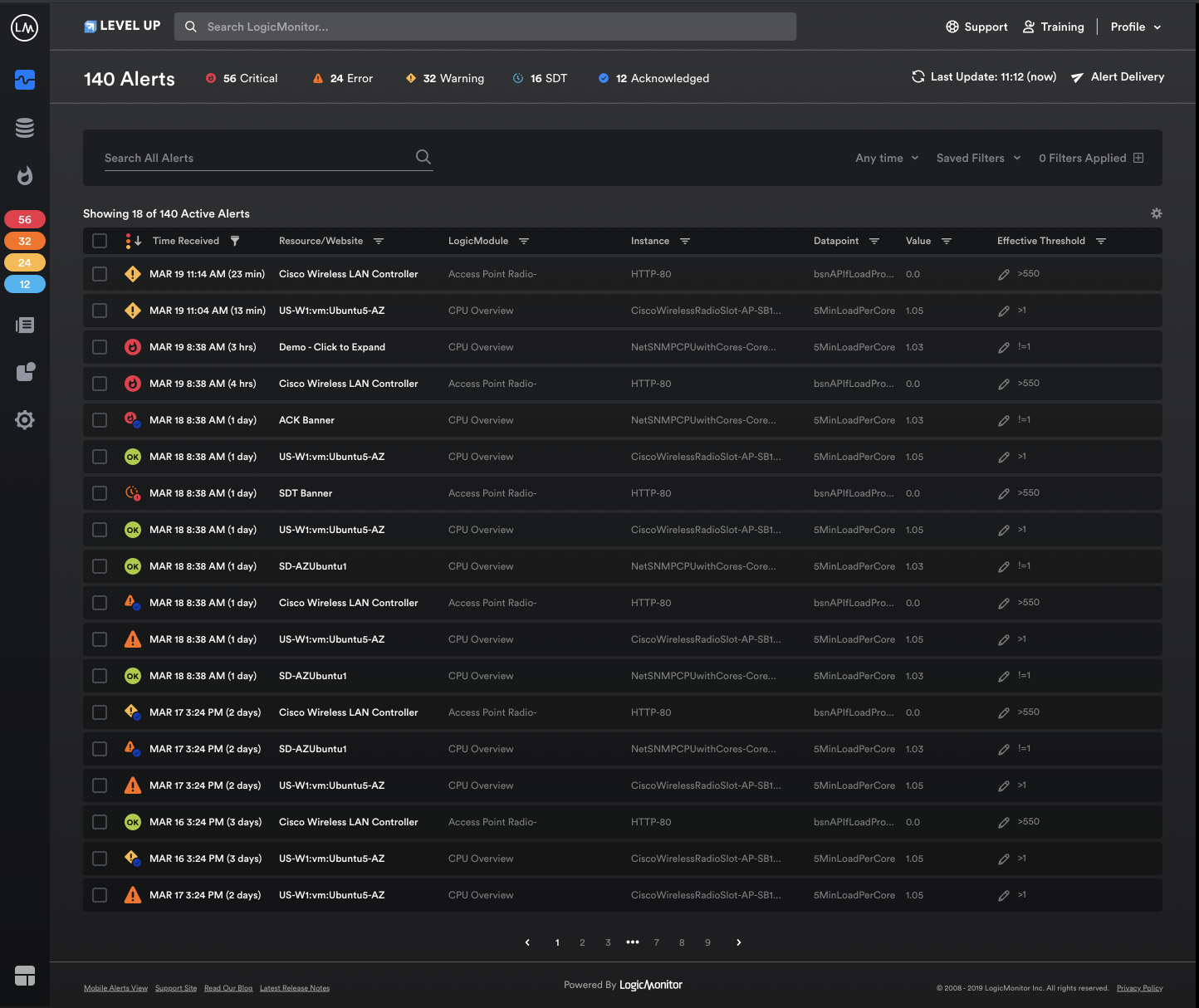 Preview of the LogicMonitor UI alerts page in dark mode.