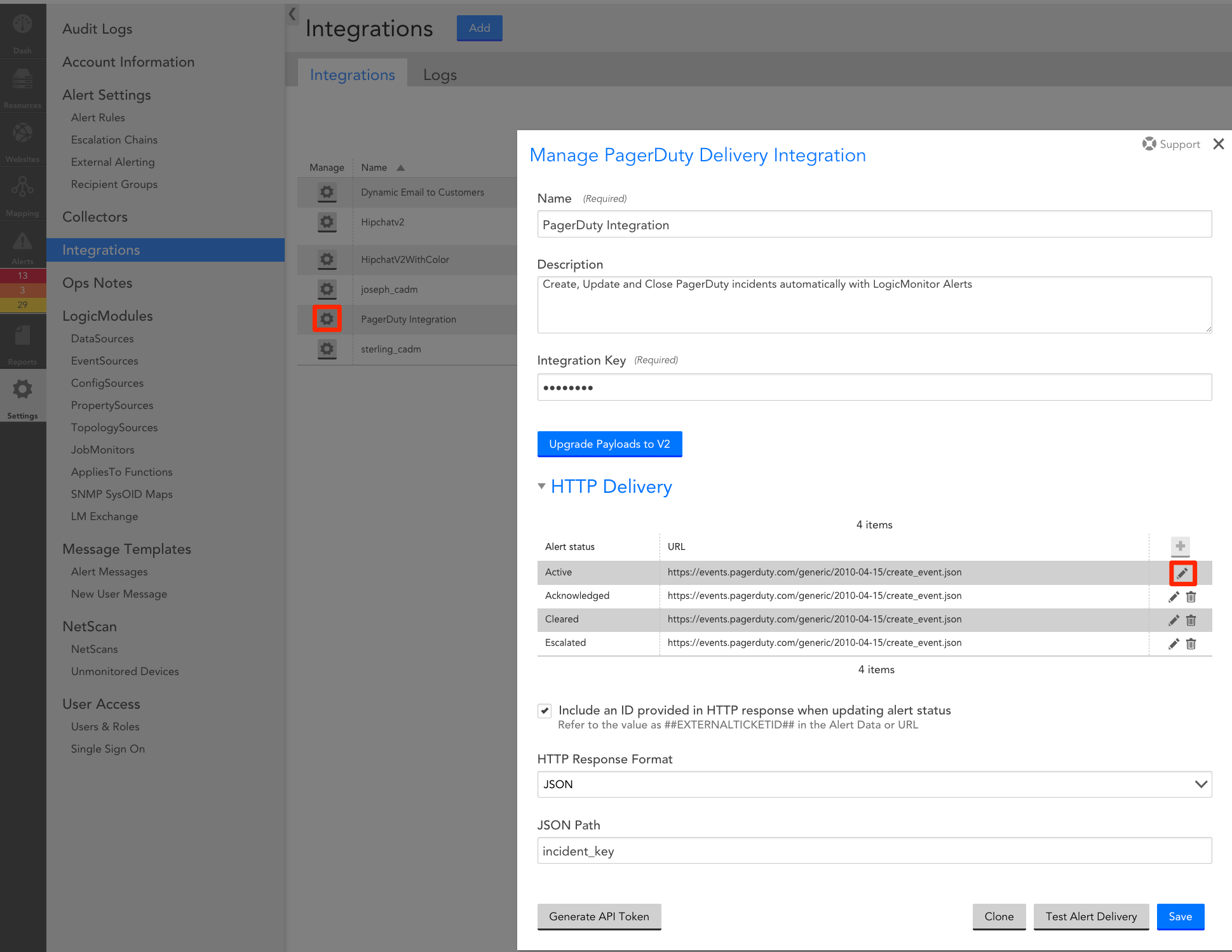 LogicMonitorでのPagerdutyDelivery統合の管理。