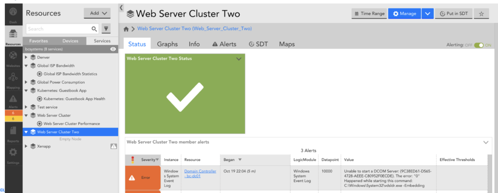 LogicMonitor's LM Service Insight KPIs of a Web Service Cluster