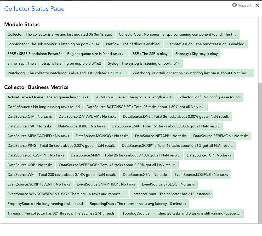 The various metrics that make up Collector Status can indicate potential load related problems before they become a problem. These change color to indicate potential problems and contain helpful messages.