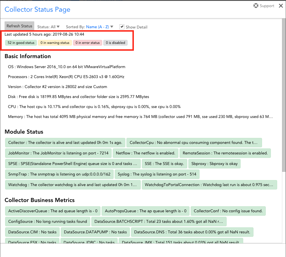 The top of the Collector Status gives a quick overview of the status of the varying metrics that make it up. Warning and Error status items should be investigated further.