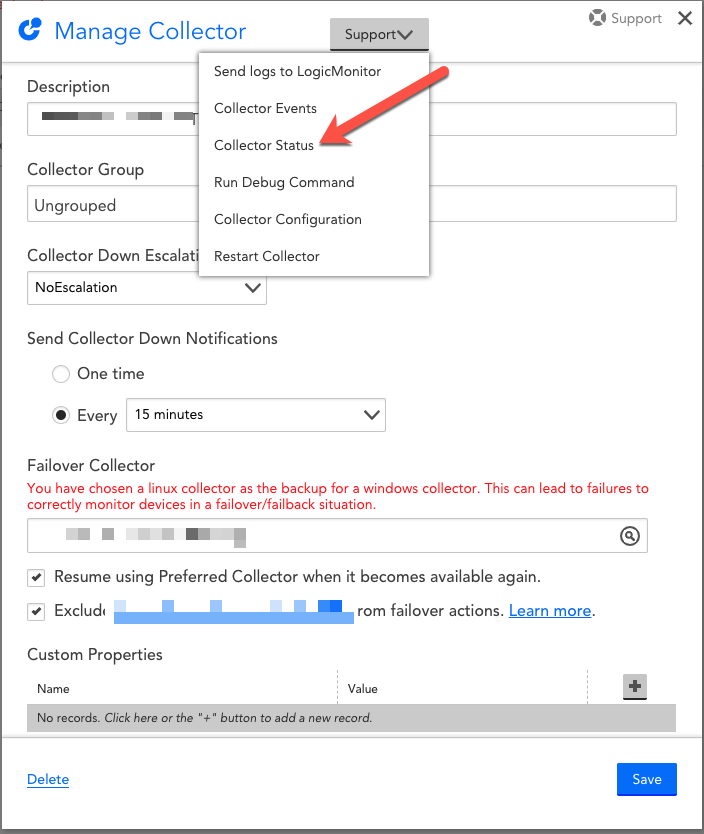 The Collector Status Option when managing a collector can help troubleshoot collector issues. 