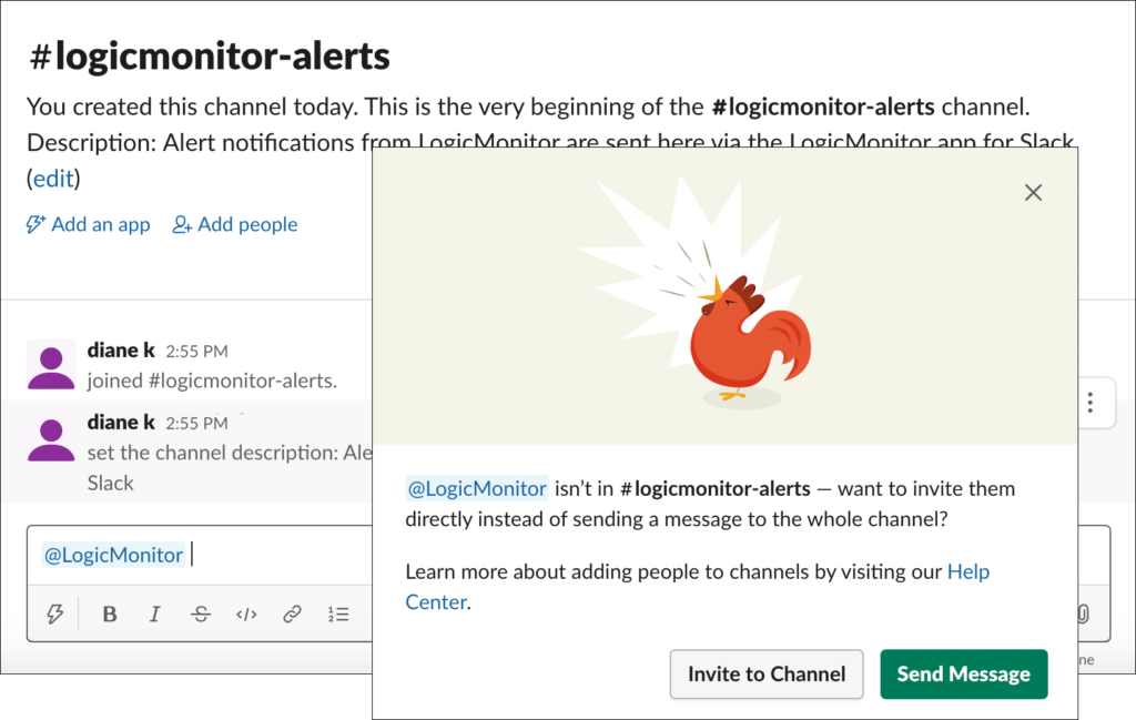 Tagging the LogicMonitor app for the purpose of inviting them to a Slack channel