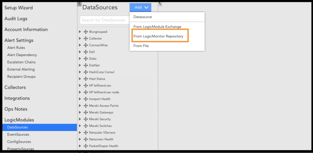 Add DataSource from LogicMonitor Repository