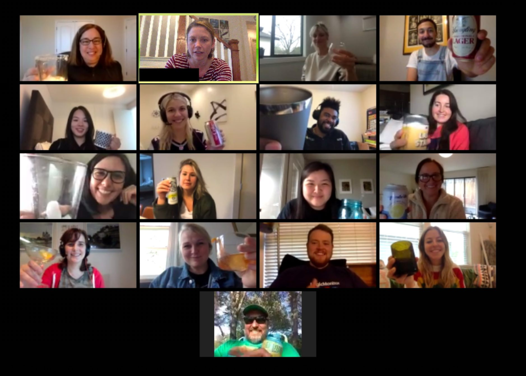 The team at LogicMonitor raising a glass during a virtual happy hour.