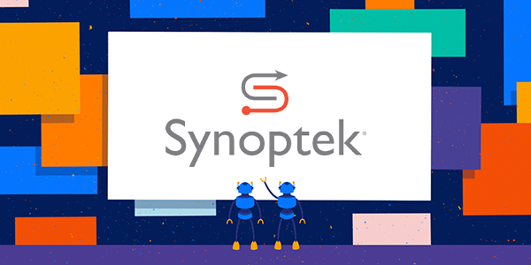 robots gazing up at the Synoptek logo on a white background surrounded by different colored squares.