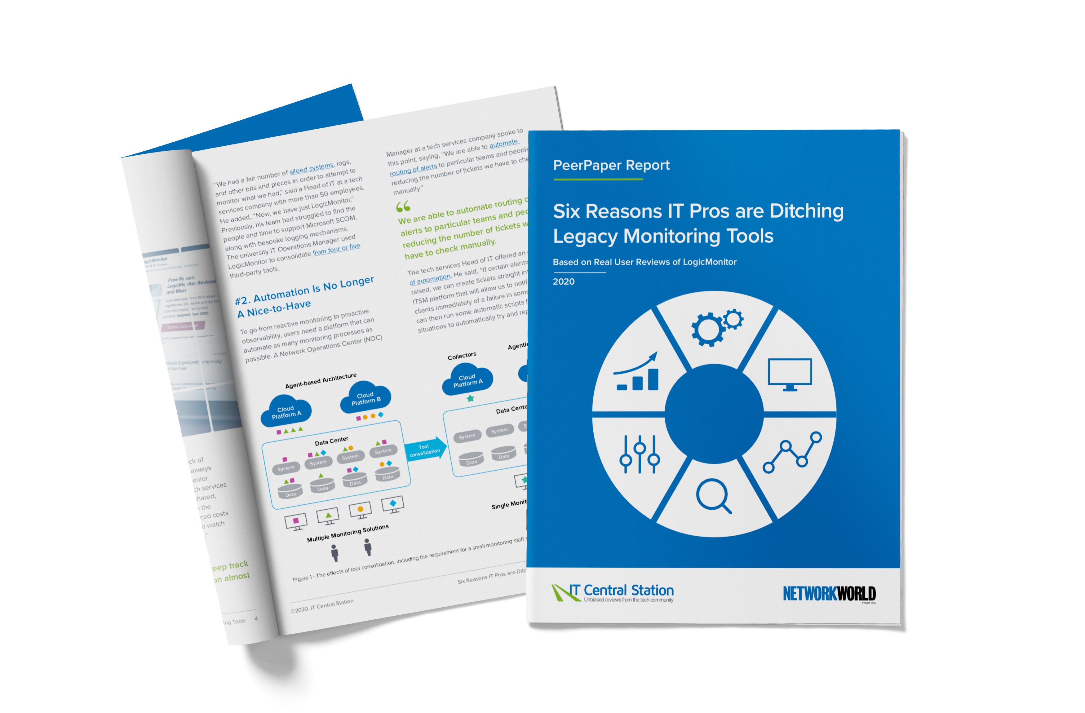 a graphically designed cover for the report "6 reasons IT Pros are Ditching Legacy Monitoring Tools" in pdf format