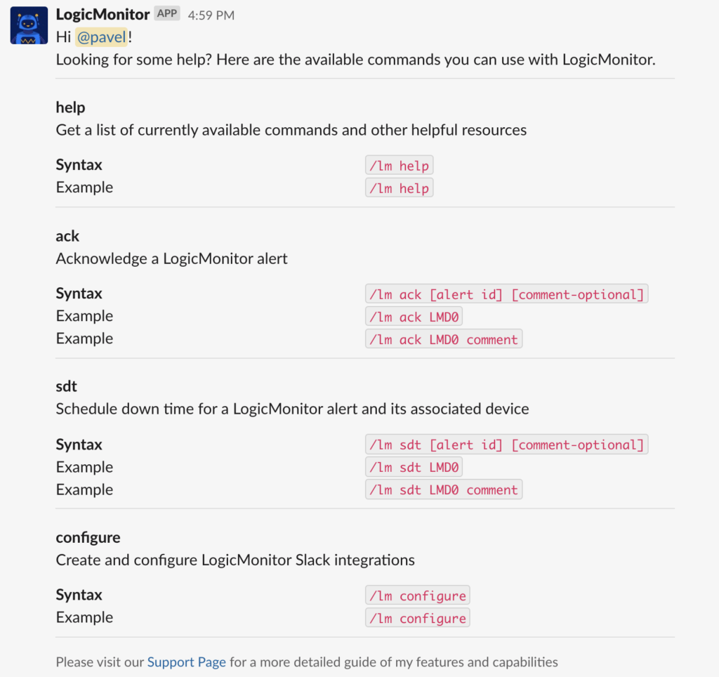 Commands in slack further facilitate MTTR with LogicMonitor.