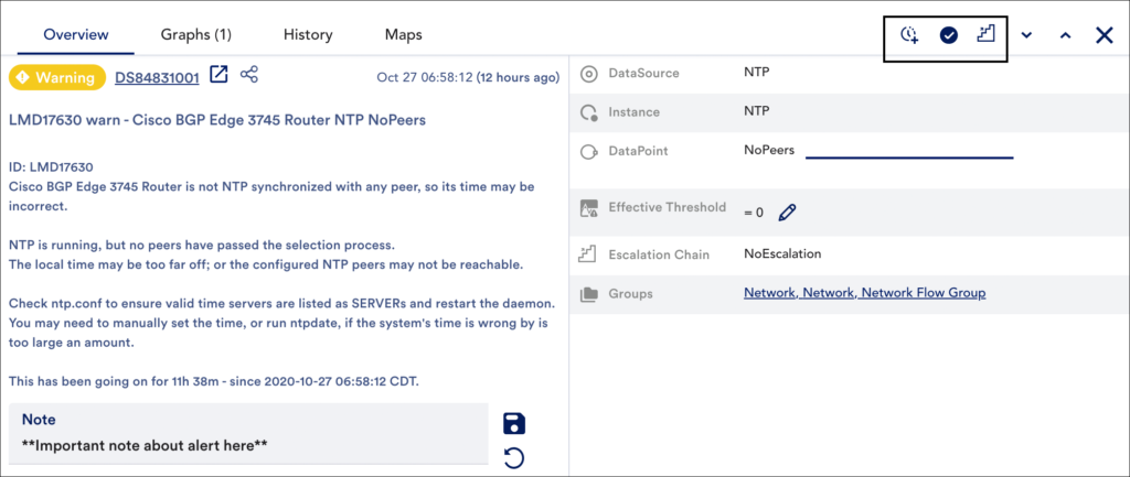 An image that highlights the action alert icons available in the alert detail pane