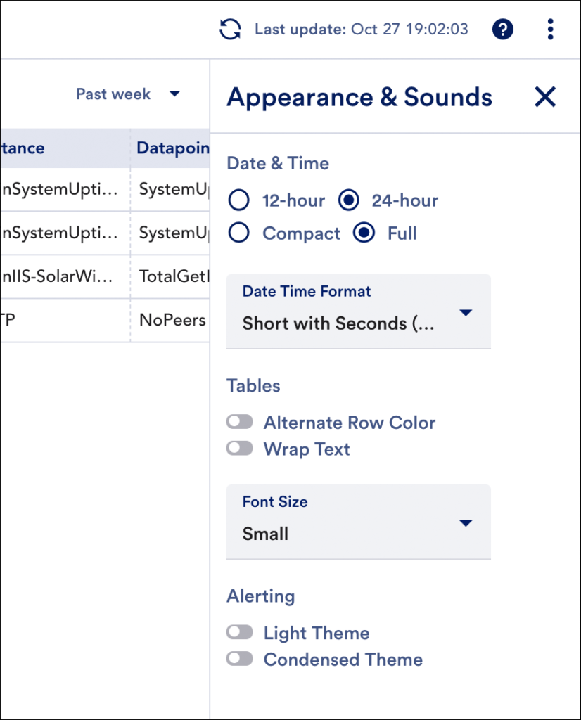 An image of the various appearance and sound settings that can be customized for the Alerts page