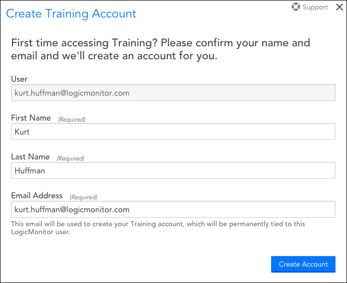 Create Training Account dialog