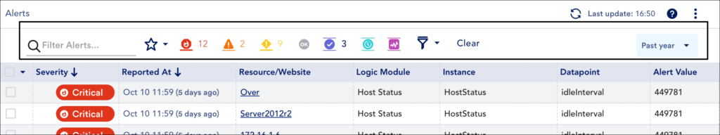 The Alerts page with the filter content area highlighted