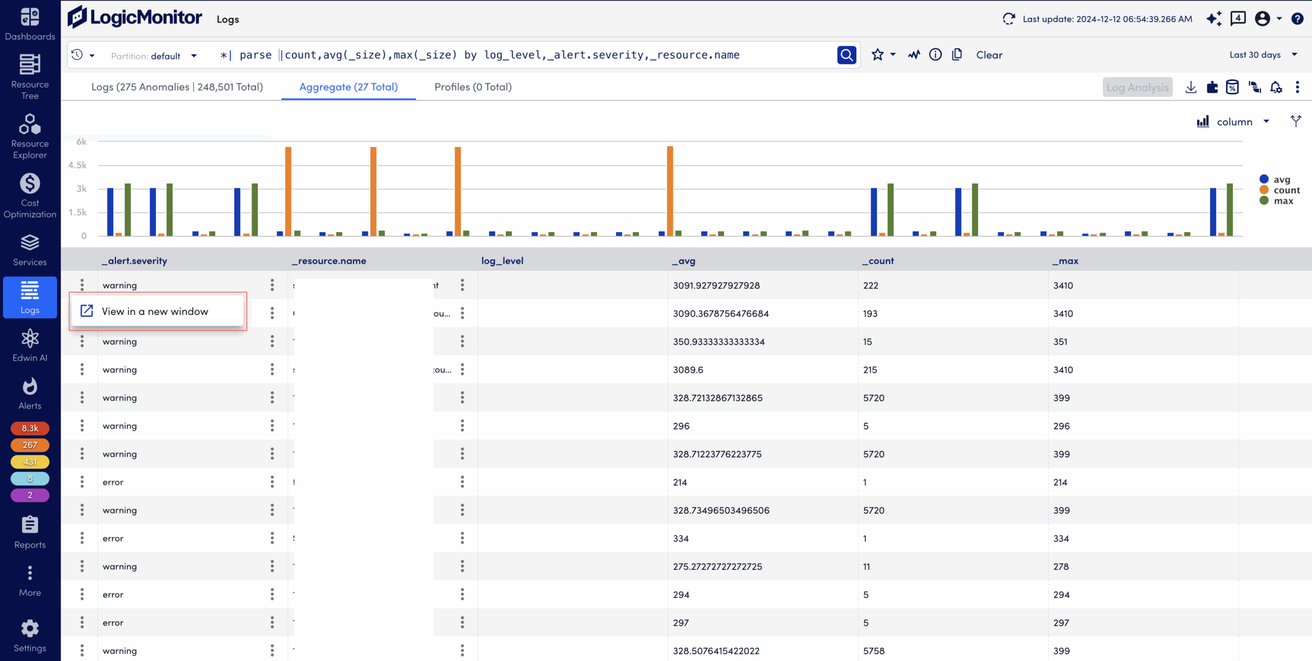View in a new window option on the Aggregate tabs on the logs page