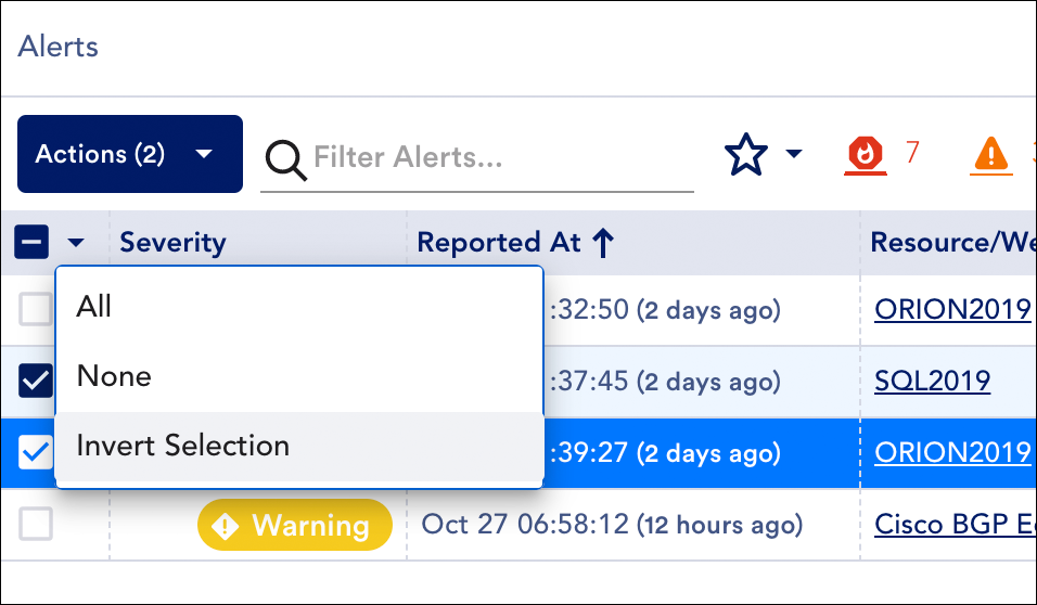 An image that highlights the various methods for selecting multiple alerts