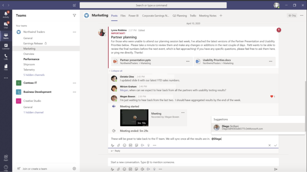 MS Teams、マーケティングチームのグループディスカッションを表示します。