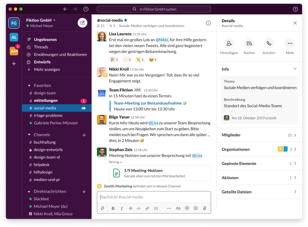 The Slack interface, showing channels and teams. 
