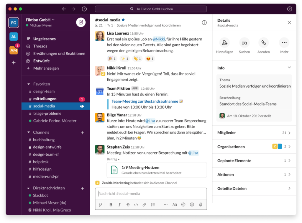 チャネルとチームを表示するSlackインターフェース。