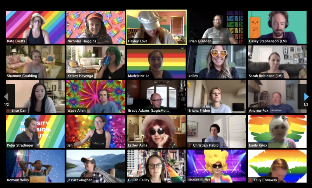 LogicMonitor employees celebrating pride during a Zoom meeting.