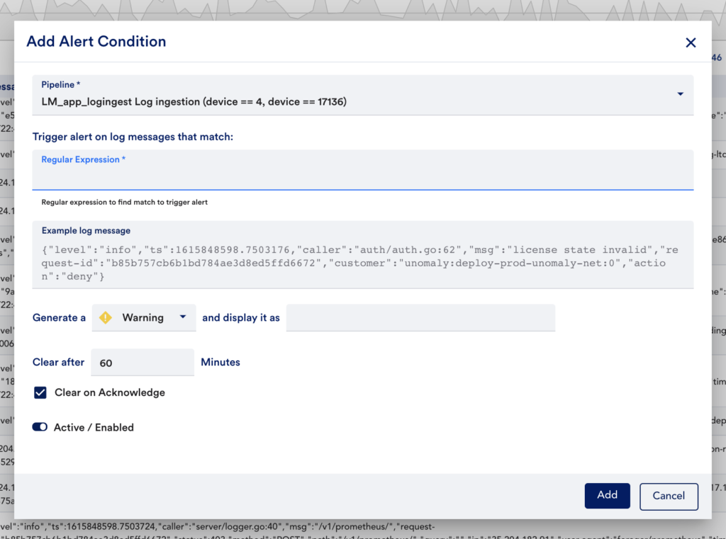 A log alerting example setup in LogicMonitor's LM Logs.