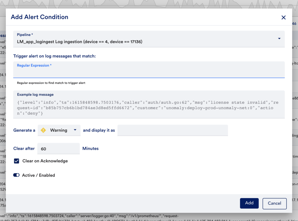 A log alerting example setup in LogicMonitor's LM Logs. 