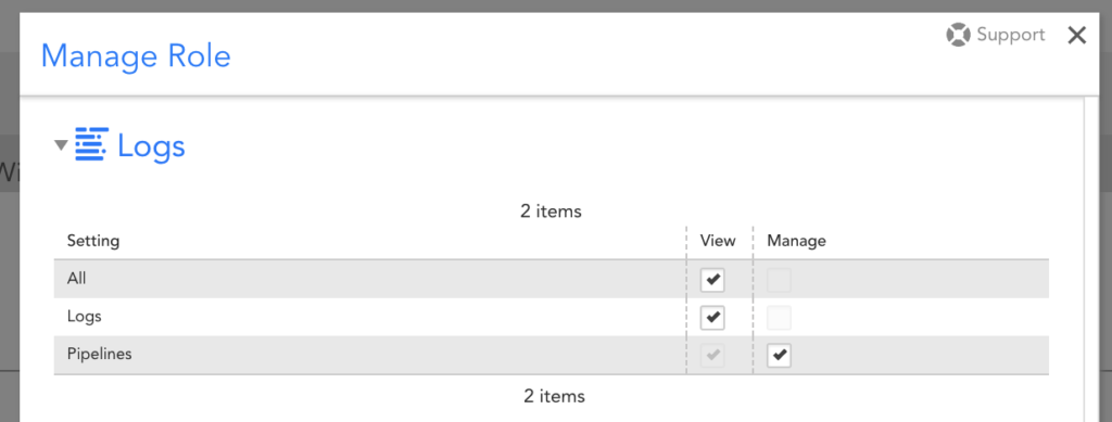 A tab in LogicMonitor showing the ability to manage roles for logs.
