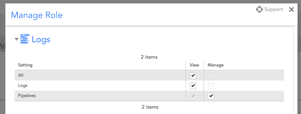 A tab in LogicMonitor showing the ability to manage roles for logs. 