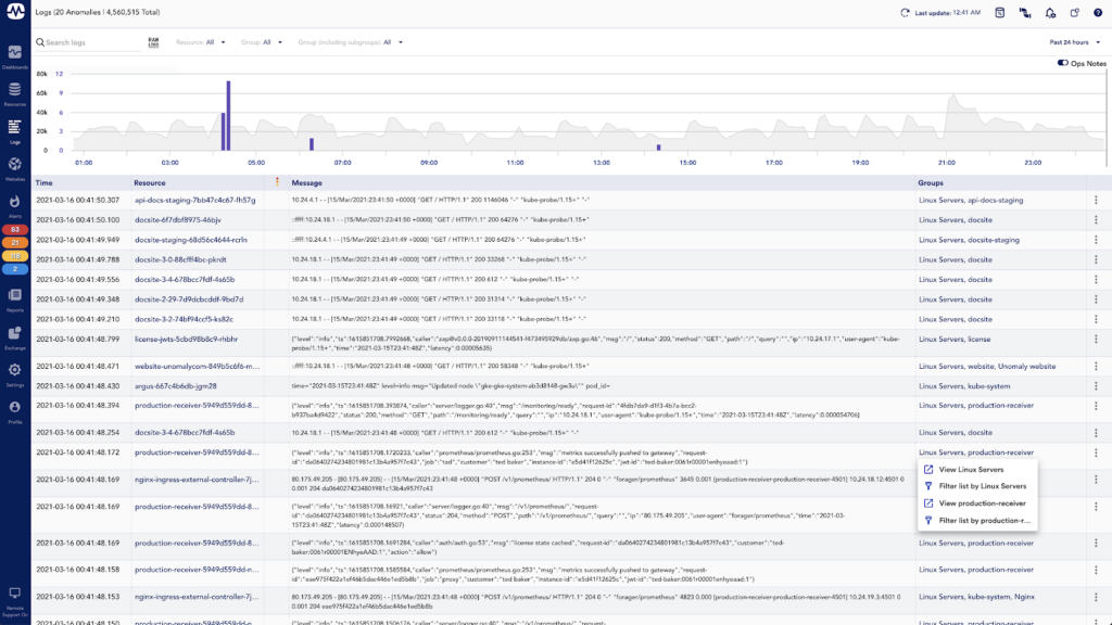 LogicMonitor's LM Logs showing some of the filtering options available.