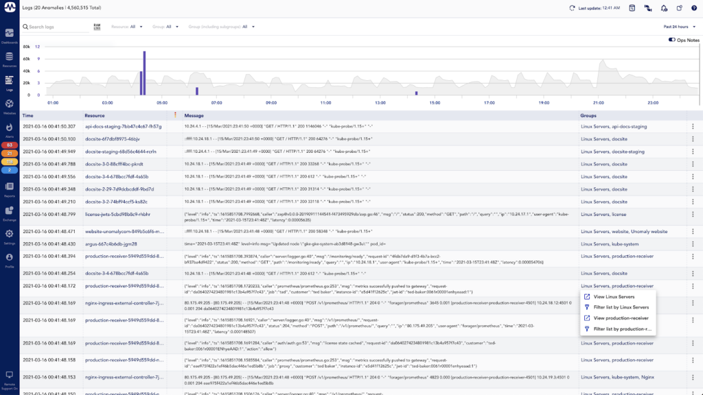 LogicMonitor's LM Logs showing some of the filtering options available. 