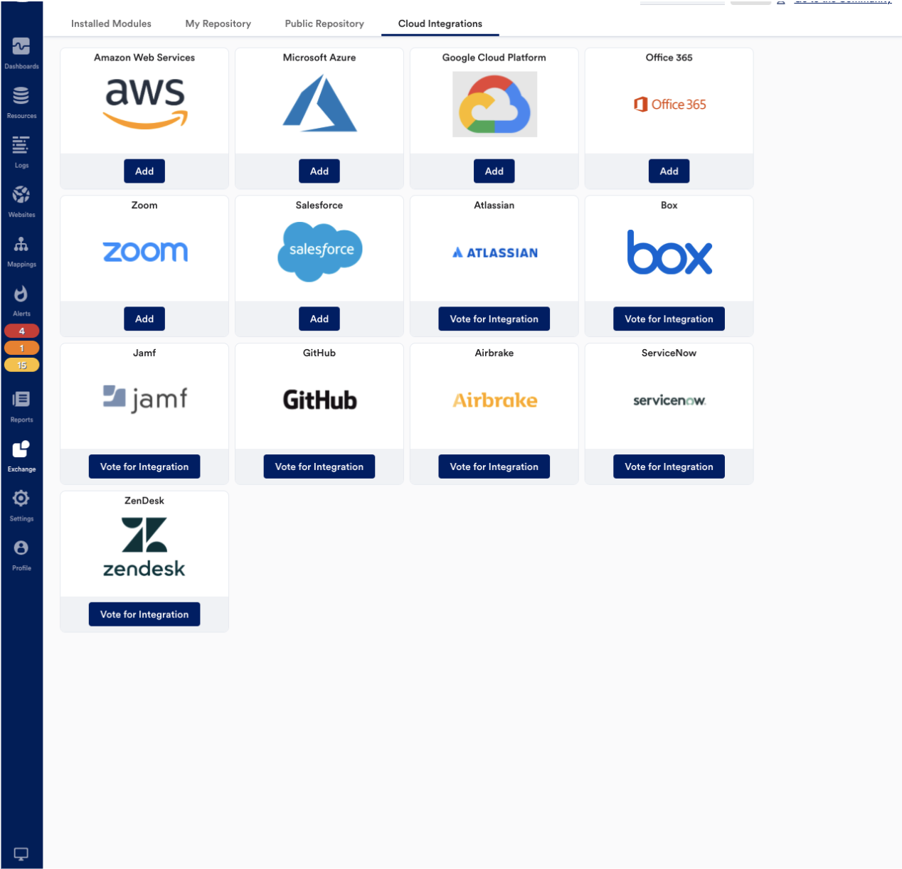 Cloud integrations available in LogicMonitor within the platform.