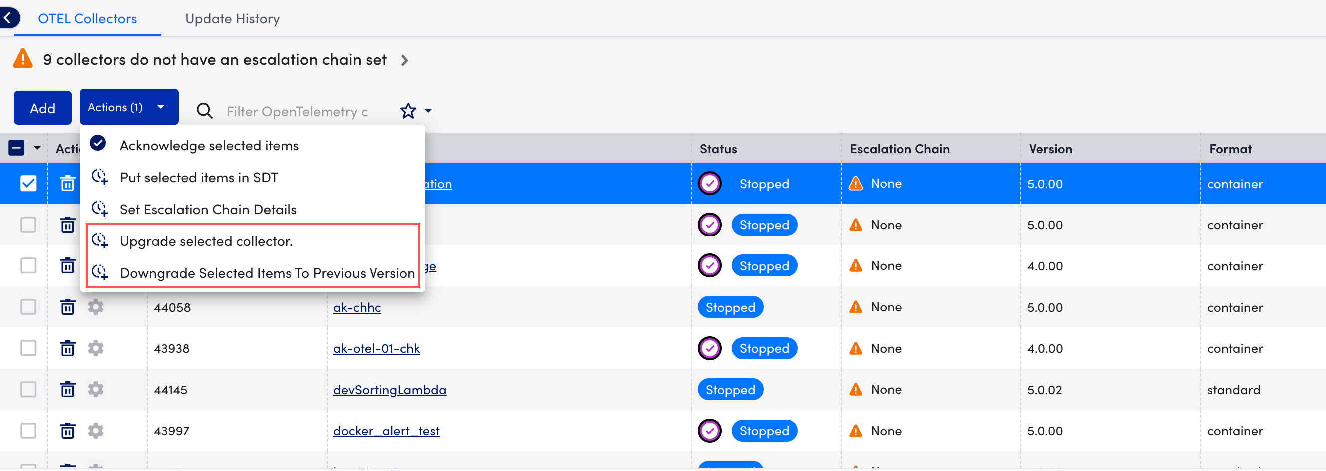 OTEL Collector upgrade downgrade option