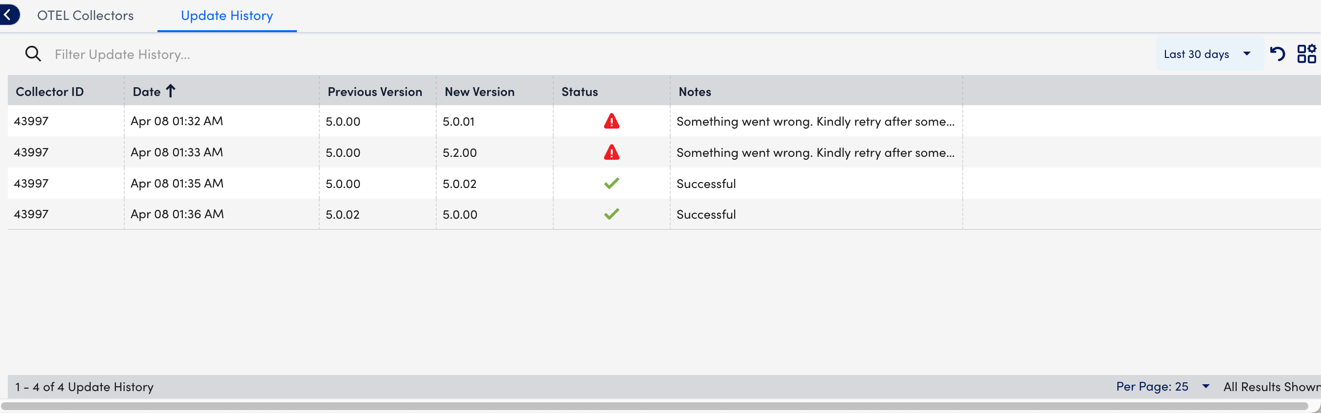 OTEL Update version page