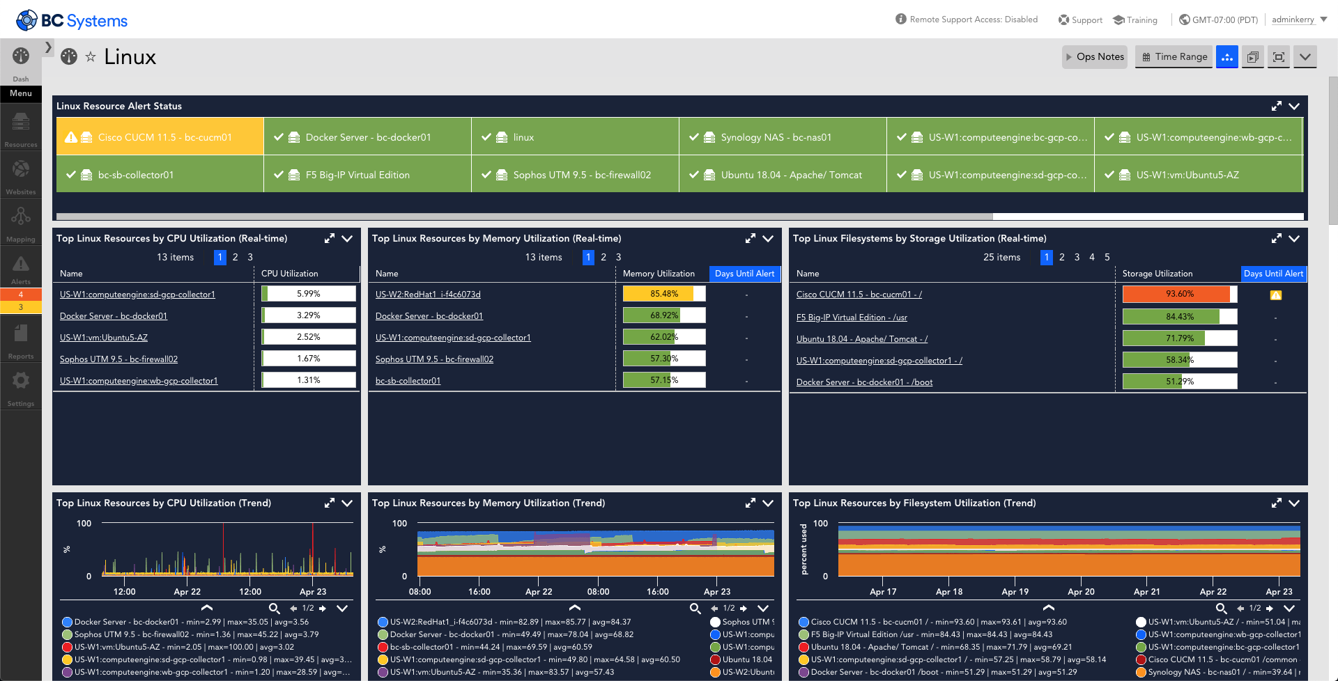 This dashboard provides an a listing of various metrics that are monitored for Linux servers using SNMP or SSH. The metrics displayed are status, real-time CPU utilization, real-time memory utilization, real-time storage utilization, CPU utilization over time, memory utilization over time, storage utilization over time.