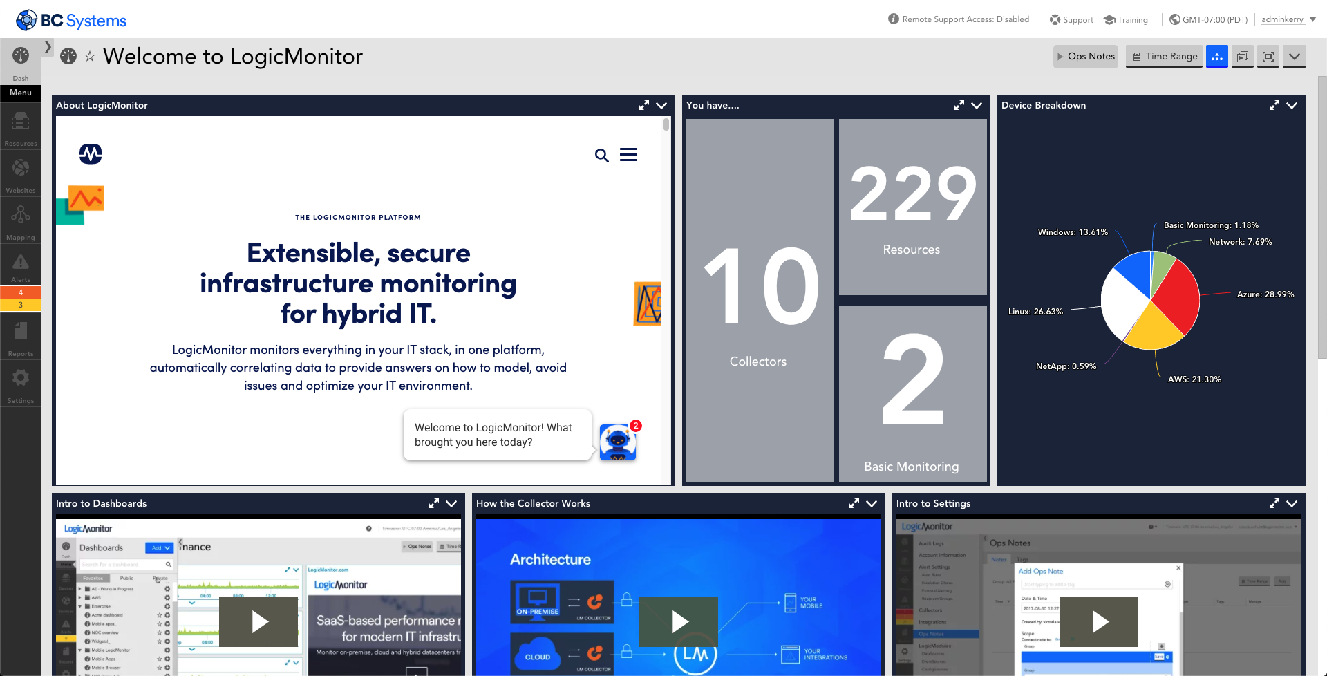 This is a welcome dashboard set up by default for all LogicMonitor users