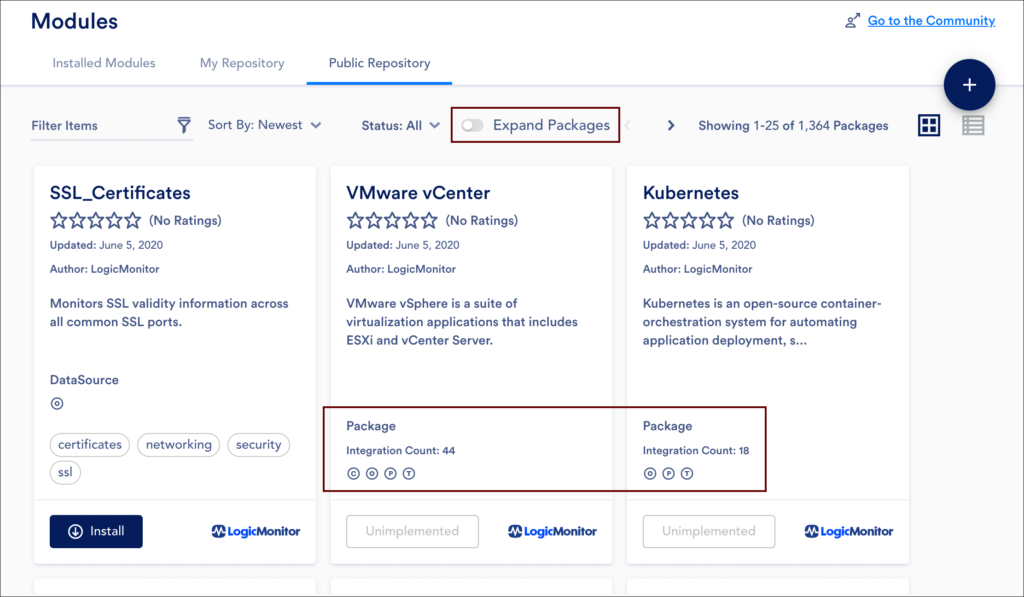 LogicModules within the LogicMonitor platform, showing packages for SSL, VMware and Kubernetes