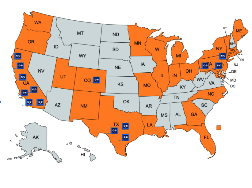 A map showing current US LogicMonitor employee locations and states where interns were located.  