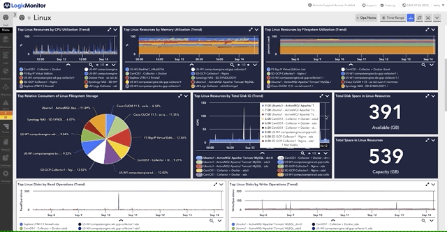Top Linux resources server monitoring dashboard with LogicMonitor