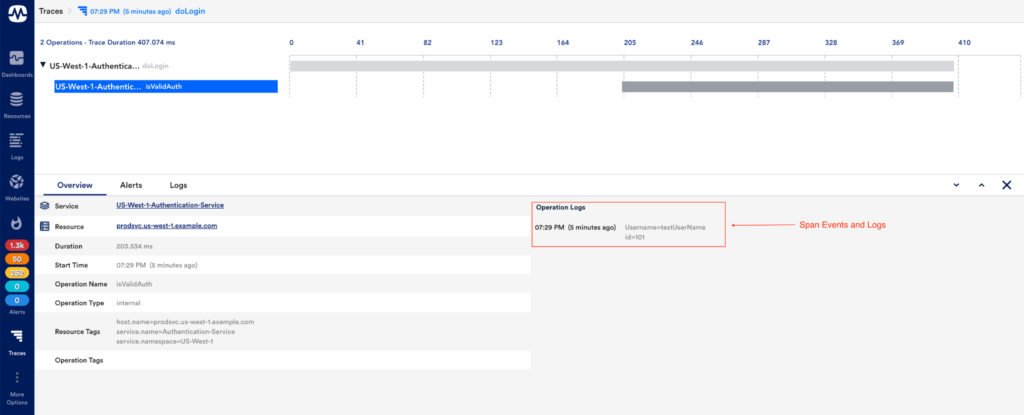 A child span for a trace in LogicMonitor