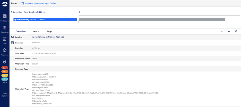 Additional information of a trace in LogicMonitor. 