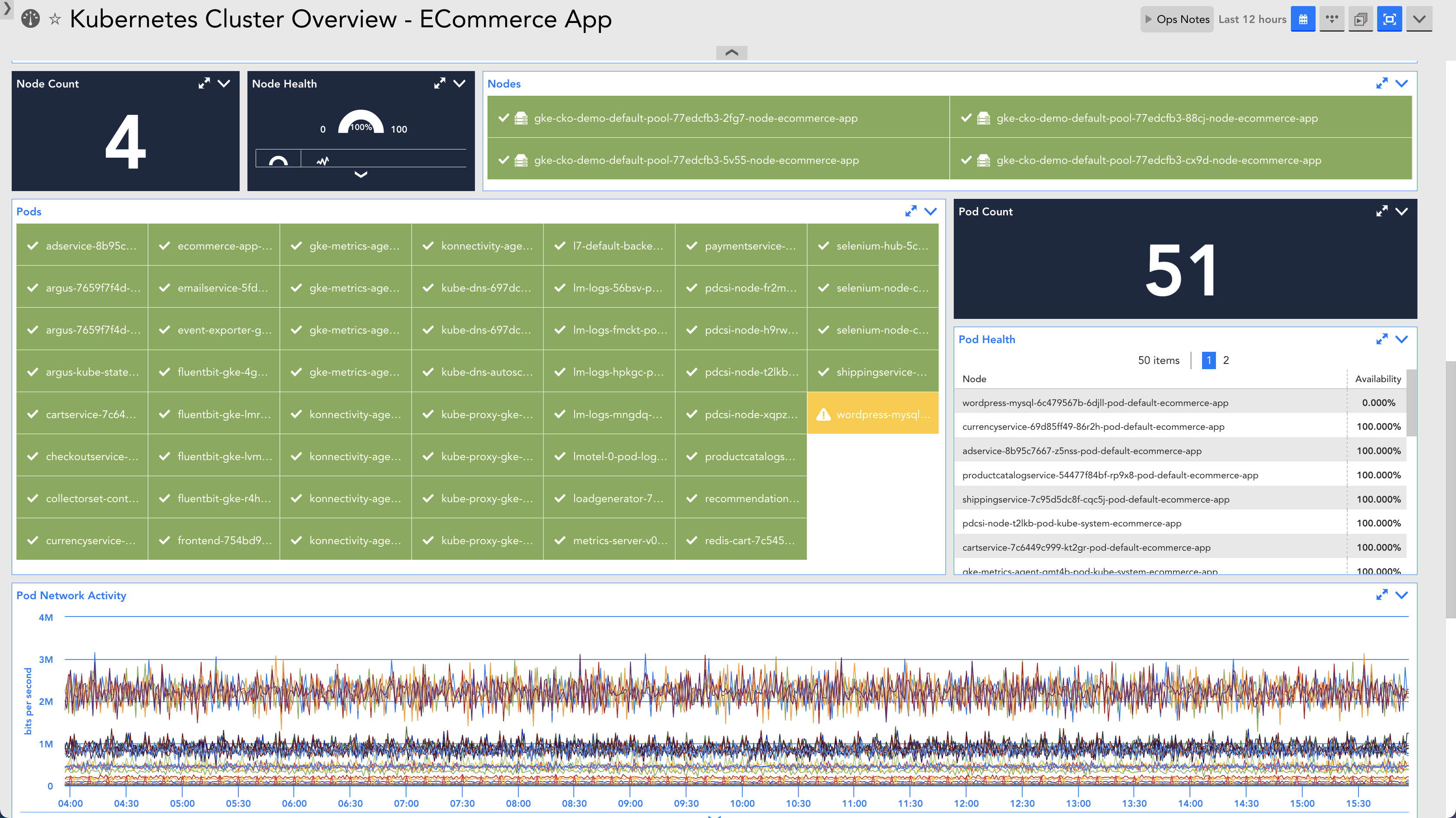 Kubernetes cluster overview dashboard, showing pods and pod count.