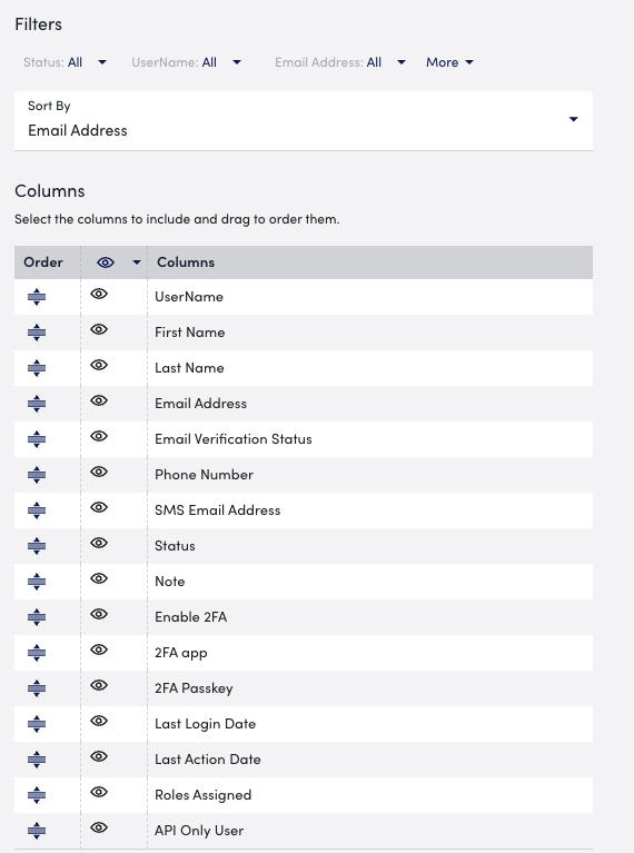 Filters and columns settings