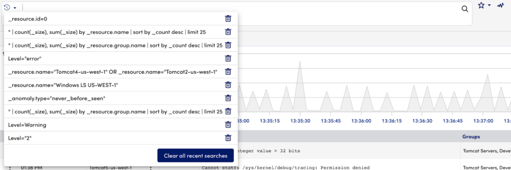 Recent searches dropdown in LogicMonitor.