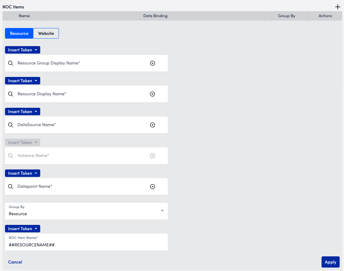 Resource settings in NOC widget