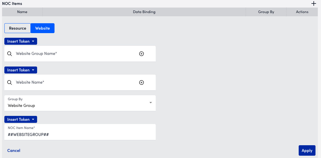 Website settings in NOC widget
