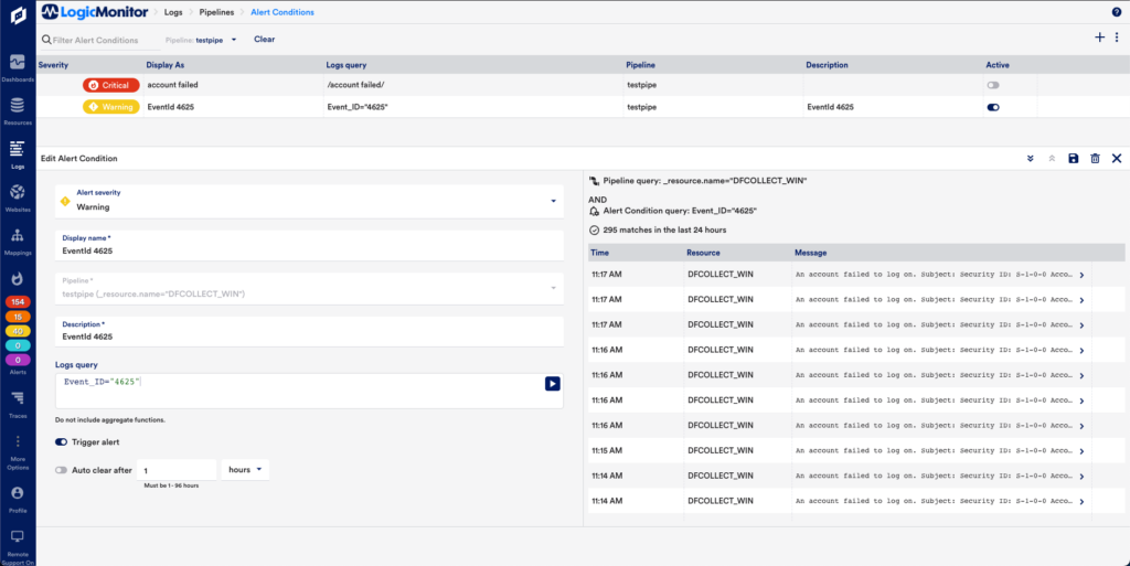 Alert conditions in the LogicMonitor platform.